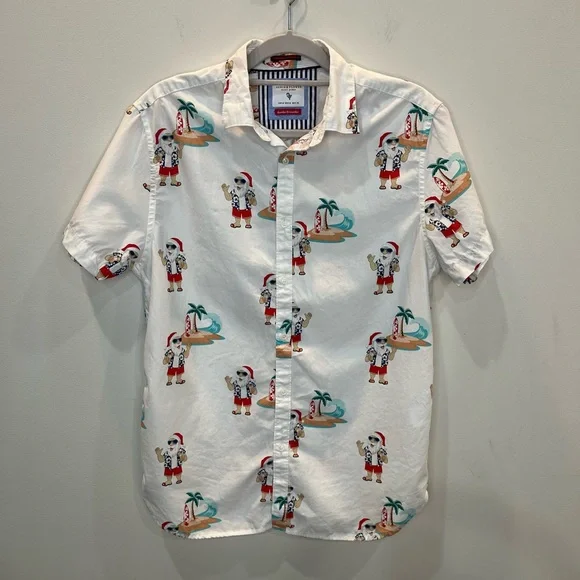 Denim and Flower Santa Beach Short Sleeve Button Up Shirt Men’s Size M | Surfing - Picture 1 of 5